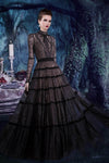 A-line Velvet Fall Pleated Back Zipper Vintage Sheer Floor Length High-Neck Lace Trim Long Sleeves Natural Waistline Dress With a Ribbon