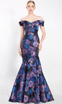 Off the Shoulder Floral Print Mermaid Natural Waistline Ruched Wrap Asymmetric Open-Back Evening Dress with a Brush/Sweep Train