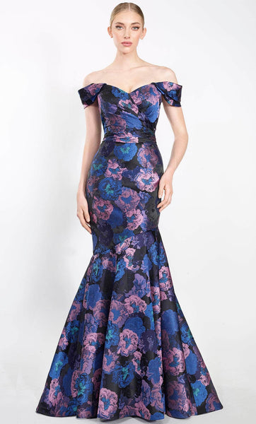Natural Waistline Mermaid Off the Shoulder Floral Print Open-Back Ruched Asymmetric Wrap Evening Dress with a Brush/Sweep Train