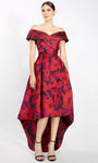 A-line High-Low-Hem Natural Waistline Pleated Short Sleeves Sleeves Off the Shoulder Floral Print Dress