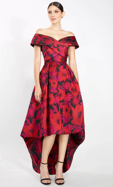 A-line Floral Print High-Low-Hem Pleated Natural Waistline Short Sleeves Sleeves Off the Shoulder Dress