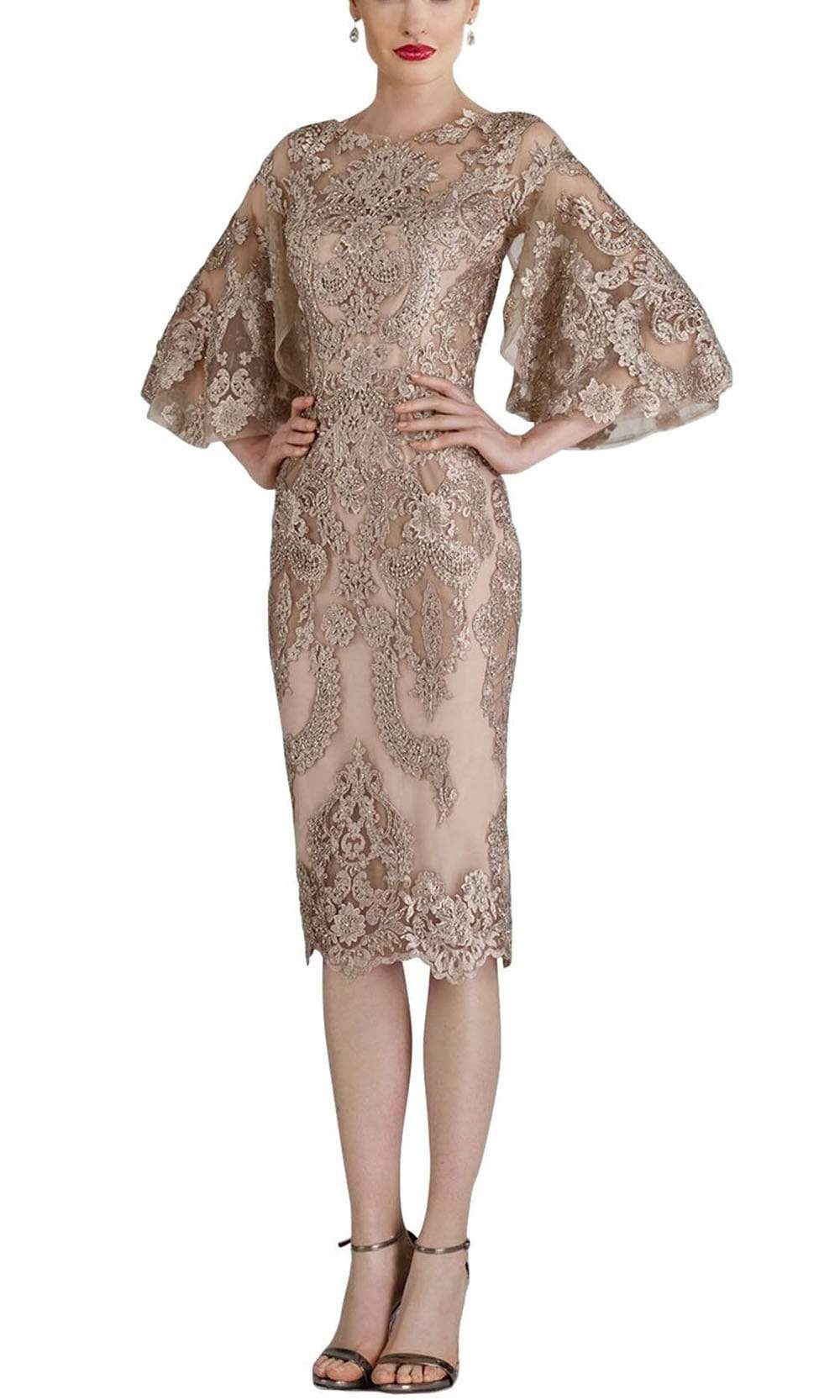 Janique - W2068 Quarter Tulip Sleeves Lace Appliqued Sheath Dress
