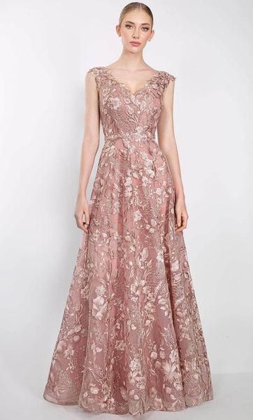 A-line V-neck Floral Print Cap Sleeves Sheer Back Semi Sheer Embroidered Natural Waistline Floor Length Evening Dress