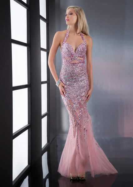 Sexy Strapless Cutout Beaded Halter Pageant Dress