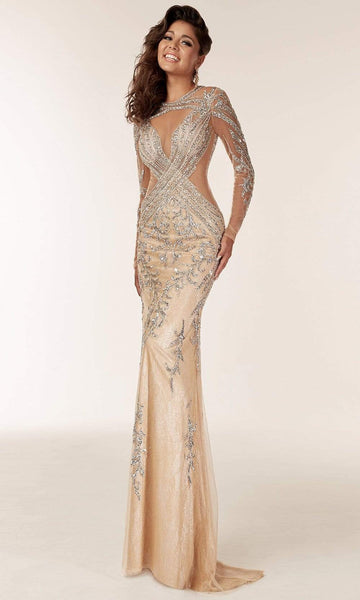 Sexy Long Sleeves Natural Waistline High-Neck Sheath Fitted Jeweled Beaded Illusion Sheer Cutout Back Zipper Sheath Dress/Evening Dress with a Brush/Sweep Train