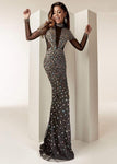 High-Neck Floor Length Sheath Long Sleeves Fitted Back Zipper Jeweled Sheer Sheath Dress with a Brush/Sweep Train