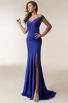 Sophisticated Off the Shoulder Slit Fitted Sheath Sheath Dress with a Brush/Sweep Train by Jasz Couture