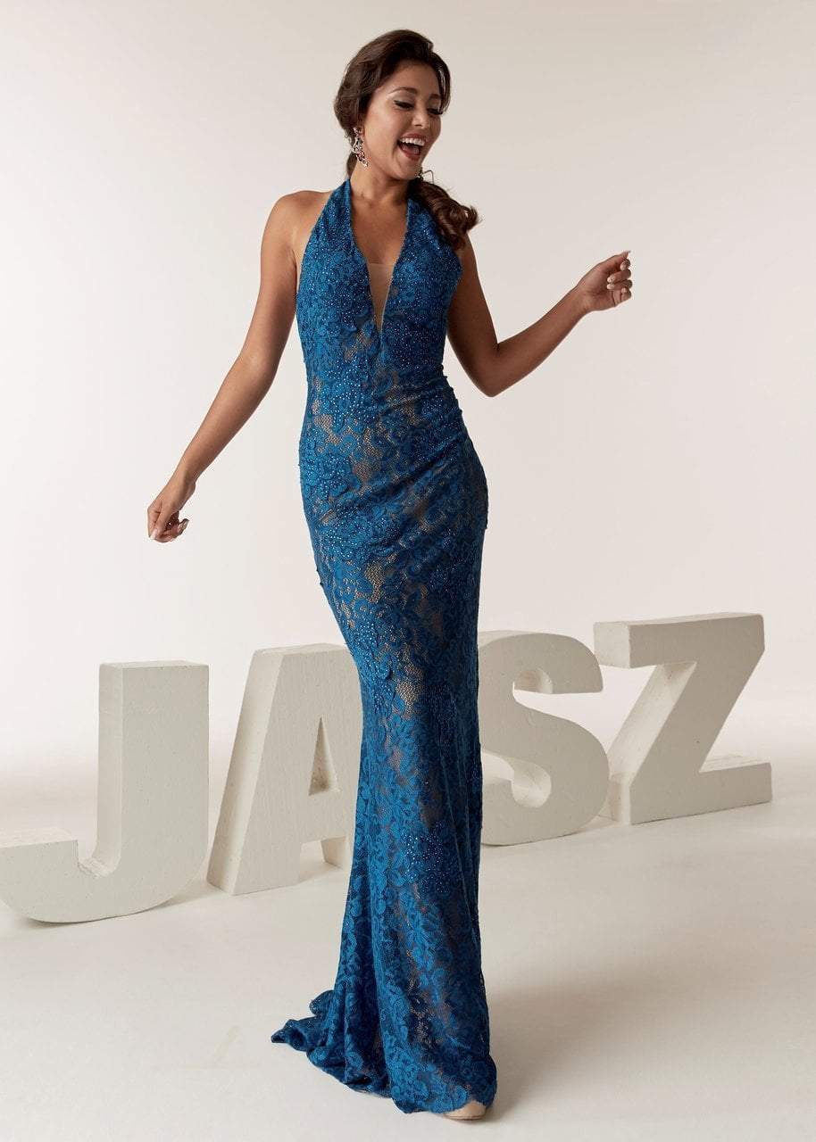 Jasz Couture - 6285 Beaded Halter V-neck Sheath Dress
