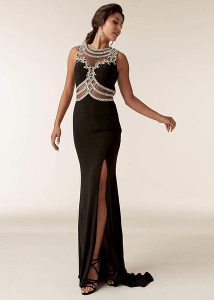 Sexy Jeweled Neck Mesh Beaded Illusion Sheer Fitted Side Zipper Slit Sleeveless Sheath Natural Waistline General Print Sheath Dress/Evening Dress with a Brush/Sweep Train