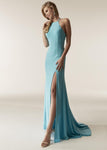 Sexy Floor Length Cutout Back Zipper Slit Fitted Halter Sleeveless Sheath Natural Waistline Sheath Dress/Evening Dress with a Brush/Sweep Train