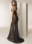 Sexy A-line Fitted Open-Back Sheer Beaded Back Zipper Sleeveless Floor Length Natural Waistline Halter Evening Dress with a Brush/Sweep Train