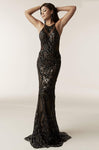 Illusion Fitted Back Zipper V Back Beaded Sheer Sequined Halter Natural Waistline Sleeveless Sheath Sheath Dress with a Brush/Sweep Train