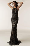 Sequined Sheer V Back Beaded Back Zipper Fitted Illusion Halter Sheath Natural Waistline Sleeveless Sheath Dress with a Brush/Sweep Train