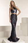 Sleeveless Sheer Sequined Jeweled Neck Natural Waistline Floor Length Sheath Sheath Dress with a Brush/Sweep Train