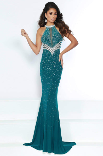 Halter Mermaid Natural Waistline Sleeveless General Print Floor Length Sheer Cutout Fitted Beaded Dress with a Brush/Sweep Train With Rhinestones