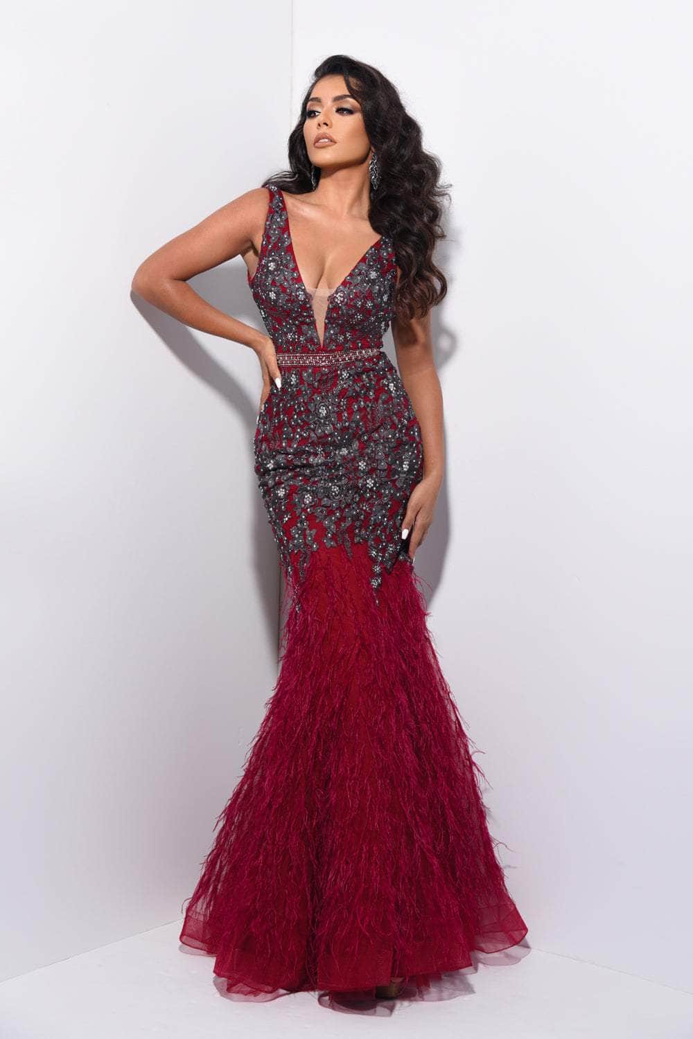 Jasz Couture - 7003 Floral Embroidered Deep V-neck Feathered Dress
