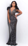 V-neck Floor Length Natural Waistline Cap Sleeves Sheath Sheer Mesh Illusion Beaded Back Zipper Sequined Bodycon Dress/Sheath Dress with a Brush/Sweep Train