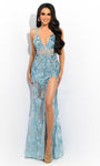 Sexy V-neck Open-Back Embroidered Mesh Sheer Sequined Slit Illusion Natural Waistline Sheath Sleeveless Plunging Neck Sheath Dress with a Brush/Sweep Train