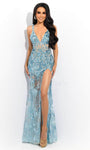 Sexy V-neck Sleeveless Natural Waistline Sheer Embroidered Illusion Open-Back Mesh Sequined Slit Plunging Neck Sheath Sheath Dress with a Brush/Sweep Train