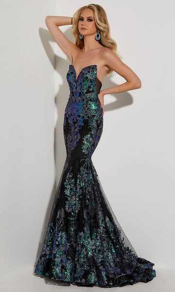 Strapless Sweetheart Natural Waistline Floral Print Sequined Beaded Glittering Mesh Fitted Lace-Up Mermaid Floor Length Dress with a Brush/Sweep Train