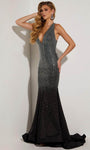 V-neck Floor Length Halter Mermaid Sleeveless Natural Waistline Open-Back Evening Dress/Prom Dress with a Brush/Sweep Train