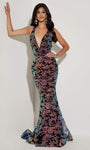 Sexy V-neck Plunging Neck Floral Print Sequined Open-Back Embroidered Back Zipper Sleeveless Natural Waistline Tulle Mermaid Evening Dress with a Brush/Sweep Train