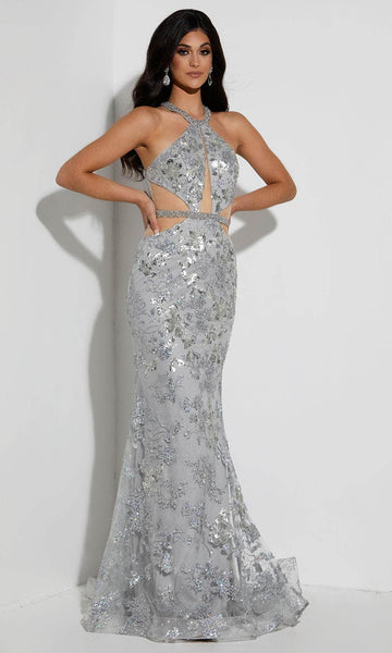 Sophisticated Tulle Floral Print Mermaid Open-Back Sequined Cutout Back Zipper Halter Natural Waistline Sleeveless Evening Dress with a Brush/Sweep Train