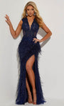 V-neck Sleeveless Natural Waistline Sheath Lace Slit Sheer Back Zipper Applique Sheath Dress with a Brush/Sweep Train