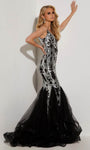 Mermaid Natural Waistline Sleeveless Floor Length Plunging Neck Sweetheart Fitted Sequined Sheer Glittering Open-Back Back Zipper General Print Dress with a Brush/Sweep Train