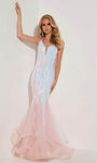 Plunging Neck Sweetheart Open-Back Sequined Back Zipper Sheer Glittering Fitted Sleeveless Natural Waistline Floor Length Mermaid General Print Dress with a Brush/Sweep Train