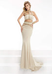 Jeweled Cutout Sheer Side Zipper Natural Waistline Collared Halter Mermaid Floor Length Dress