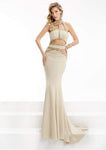 Side Zipper Sheer Cutout Jeweled Floor Length Mermaid Collared Halter Natural Waistline Dress