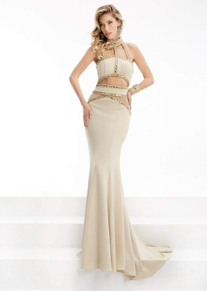 Collared Halter Natural Waistline Jeweled Cutout Side Zipper Sheer Floor Length Mermaid Dress