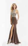 Sheath Natural Waistline Jersey Halter Sleeveless Floor Length Slit Jeweled Back Zipper Cutout Beaded Sheath Dress/Evening Dress with a Brush/Sweep Train