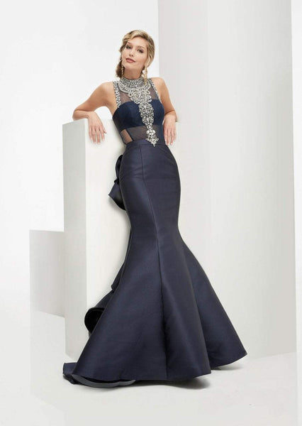 Mermaid High-Neck Floor Length Crystal Beaded Back Zipper Glittering Illusion Open-Back Sleeveless Prom Dress