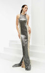 Halter Sheath Sleeveless Natural Waistline Draped Beaded Sequined Fitted Back Zipper Sheath Dress