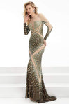 Sheath Floor Length Long Sleeves Natural Waistline Fitted Illusion Cutout Sheer Bateau Neck General Print Bodycon Dress/Sheath Dress with a Brush/Sweep Train With Rhinestones