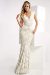 V-neck Cap Sleeves Mermaid Illusion Open-Back Wrap Natural Waistline Floor Length Floral Print Lace Evening Dress