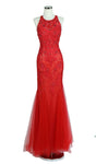 Back Zipper Fitted Mesh Open-Back Jeweled Mermaid Halter Natural Waistline Sleeveless Evening Dress