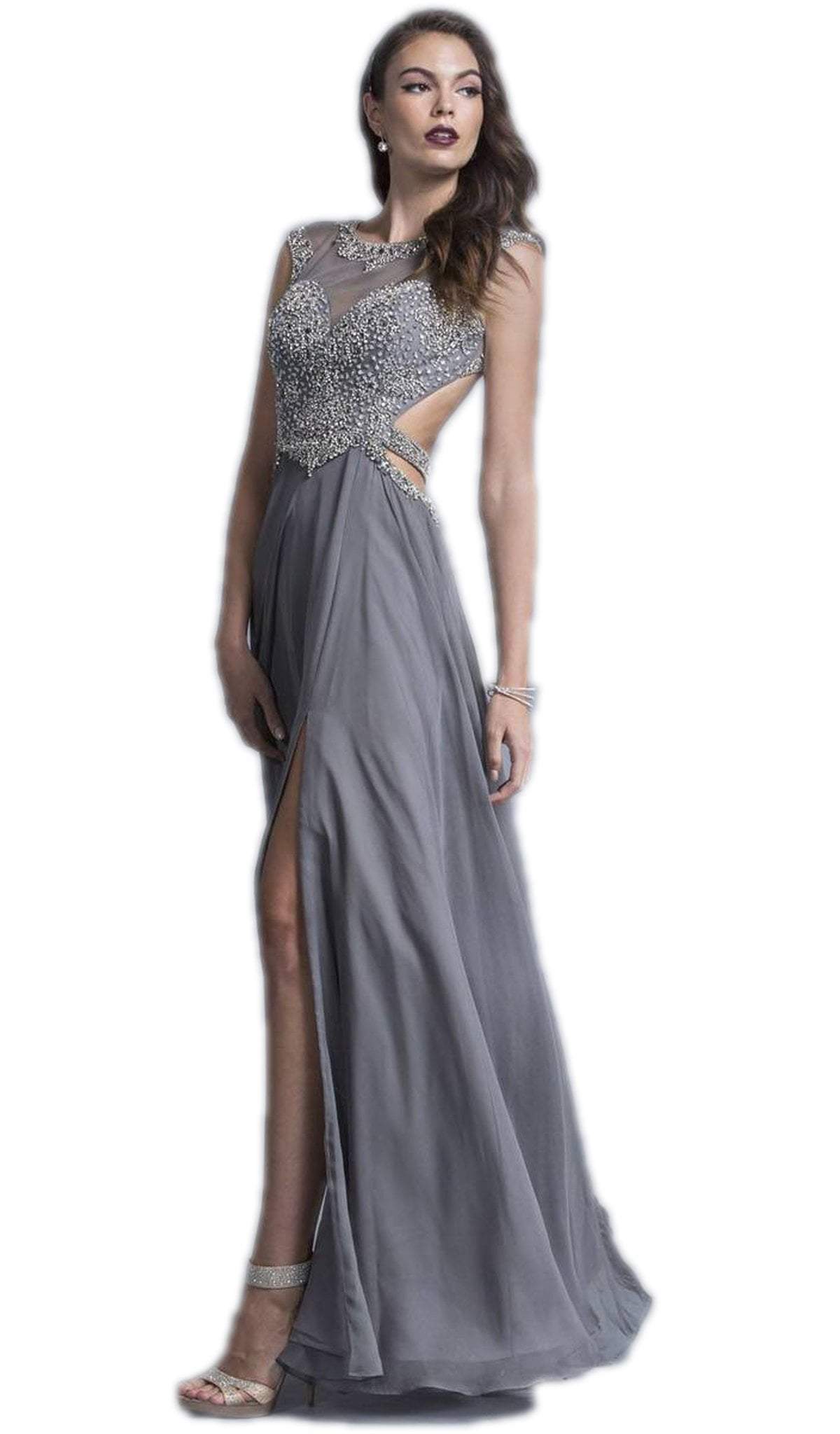 Aspeed Design - Jeweled Illusion Bateau Fitted Simple Prom Dress
