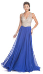 A-line V-neck Plunging Neck Natural Waistline Illusion Jeweled Cutout Sheer V Back Sleeveless Prom Dress with a Brush/Sweep Train