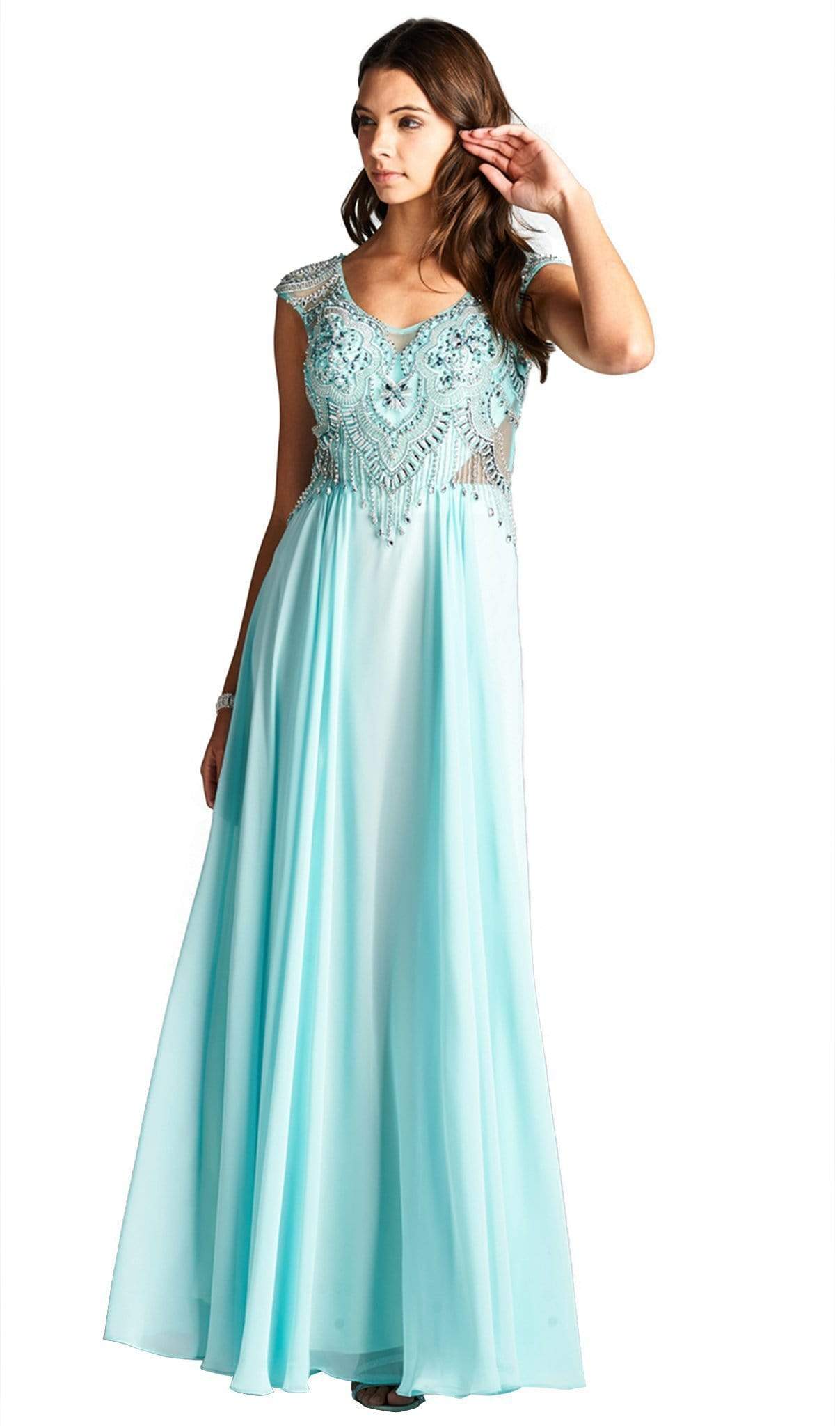 Aspeed Design - Jeweled V-neck A-line Evening Dress
