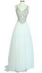 A-line V-neck Floor Length Sleeveless Fitted Jeweled 2013 Basque Waistline Evening Dress/Prom Dress