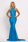 Sexy Sleeveless Sheer Back Zipper Mesh Illusion Cutout Spandex Mermaid Natural Waistline Halter Plunging Neck Floor Length Dress with a Brush/Sweep Train