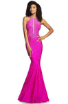 Sexy Mermaid Illusion Cutout Mesh Back Zipper Sheer Halter Plunging Neck Spandex Natural Waistline Floor Length Sleeveless Dress with a Brush/Sweep Train