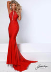 Sexy Back Zipper Illusion Cutout Mesh Sheer Mermaid Spandex Halter Plunging Neck Natural Waistline Floor Length Sleeveless Dress with a Brush/Sweep Train