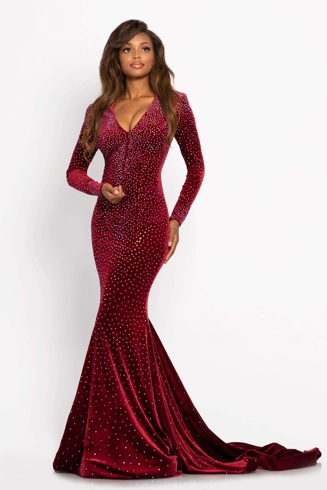 Johnathan Kayne - 2045 Embellished Long Sleeve V-neck Trumpet Dress
