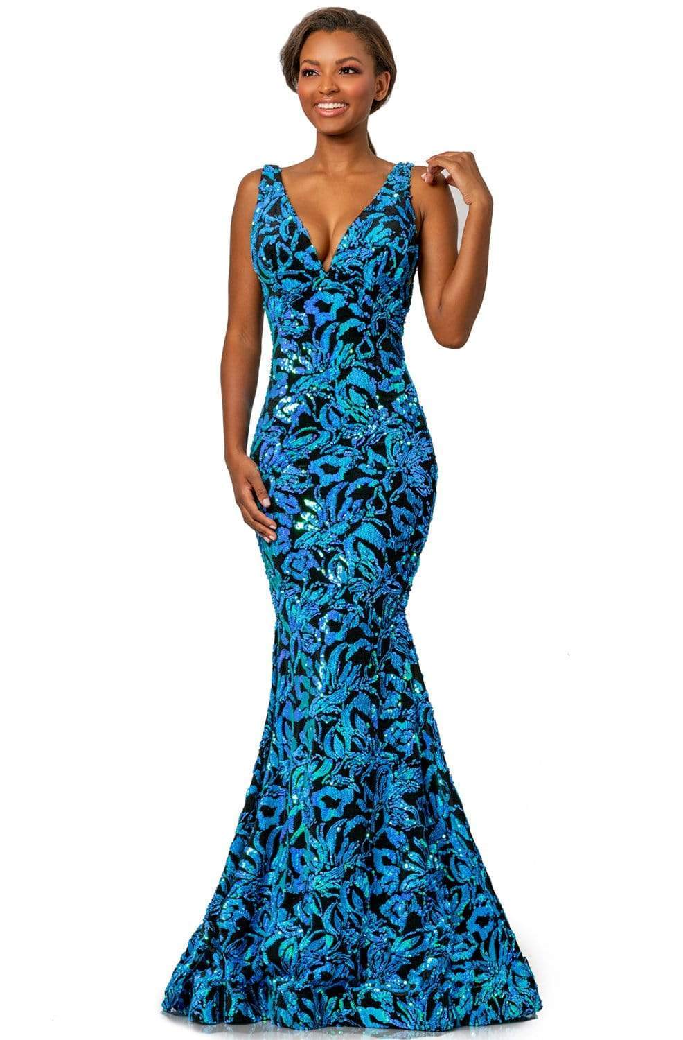 Johnathan Kayne - 2106 Sleeveless V Neck Sequin Velvet Mermaid Gown