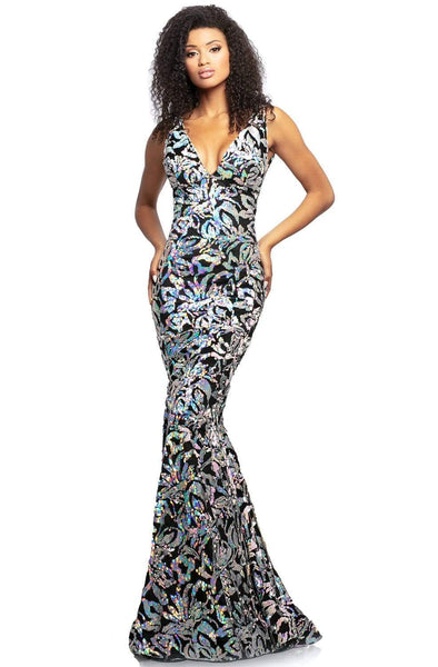 V-neck Plunging Neck Fitted Sequined Mesh Back Zipper V Back Natural Waistline Fit-and-Flare Mermaid Velvet Sleeveless Evening Dress with a Brush/Sweep Train