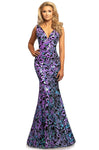 V-neck Fit-and-Flare Mermaid Plunging Neck Fitted V Back Mesh Back Zipper Sequined Natural Waistline Velvet Sleeveless Evening Dress with a Brush/Sweep Train